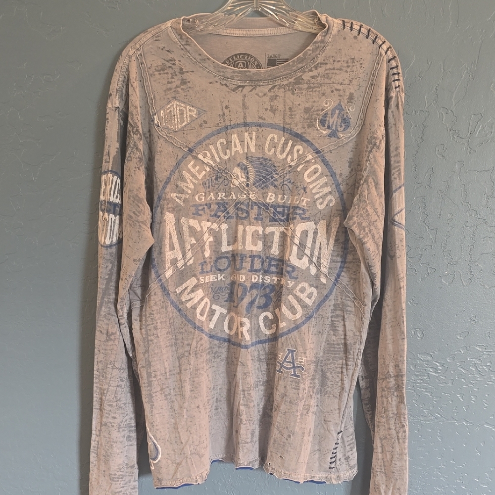 Affliction Long Sleeve Shirt - Grayish/Taupe/Cream with Blue Graphics